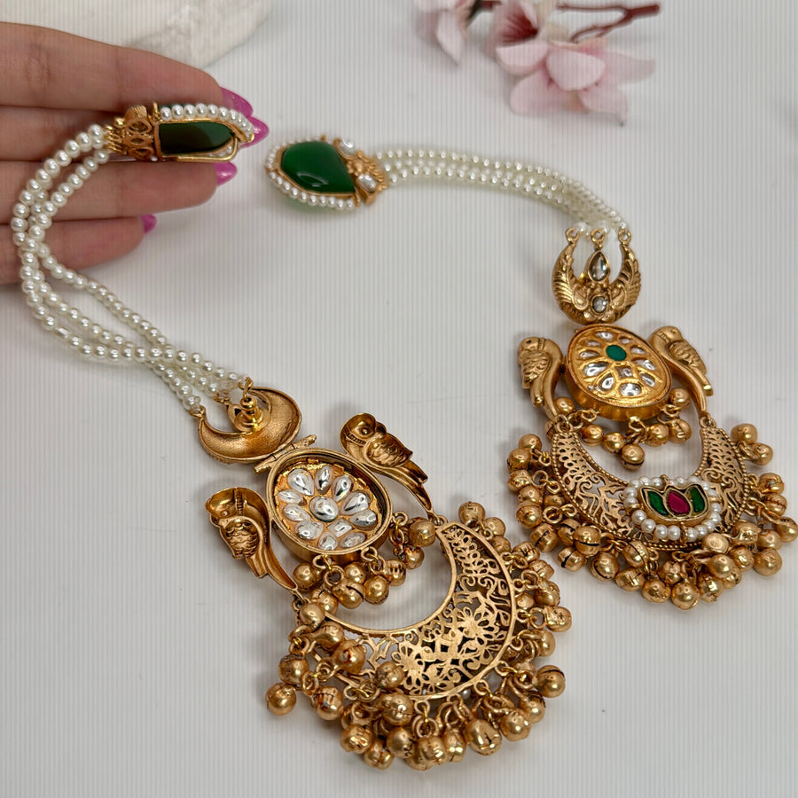 Green Silver Lookalike Gold with Pear Earchain Chand Bali Earrings