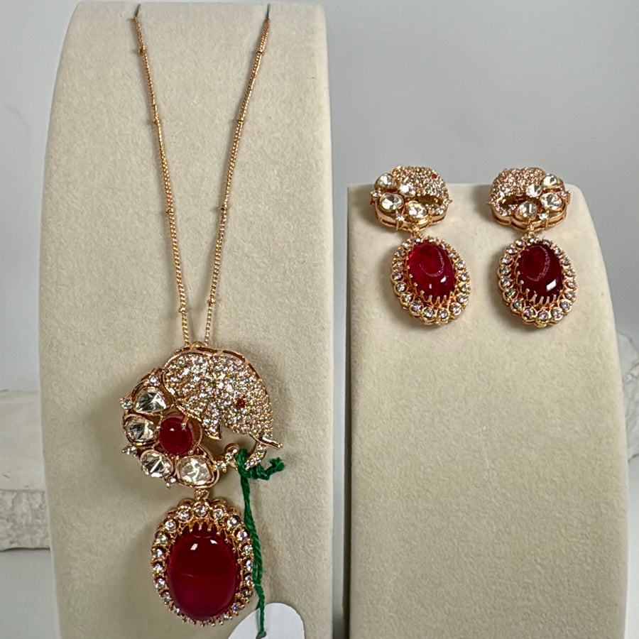 Ruby Red Doublet Moissanite Elephant Pendant Necklace Set
