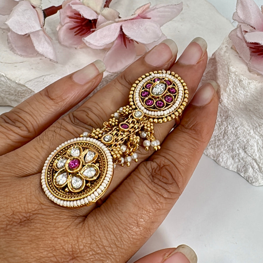 Ruby Kundan Antique Gold Long Adjustable Finger Ring