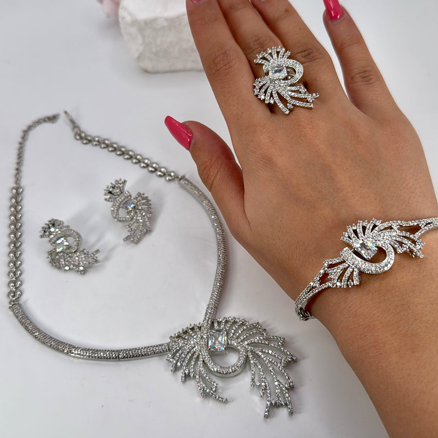 Clear American Diamonds Cubic Zirconia Combo Necklace Set With Adjustable Finger Ring & Openable Bracelet