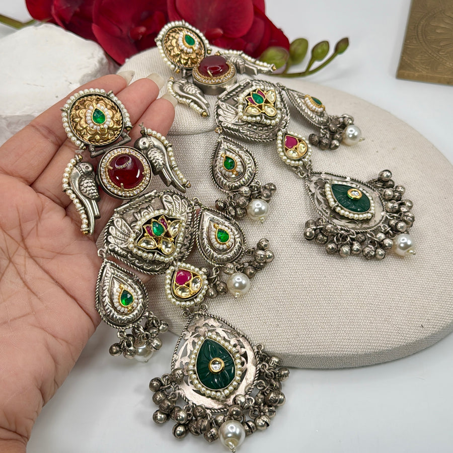 Multi Silver Lookalike Paachi Motif Long Statement Earrings