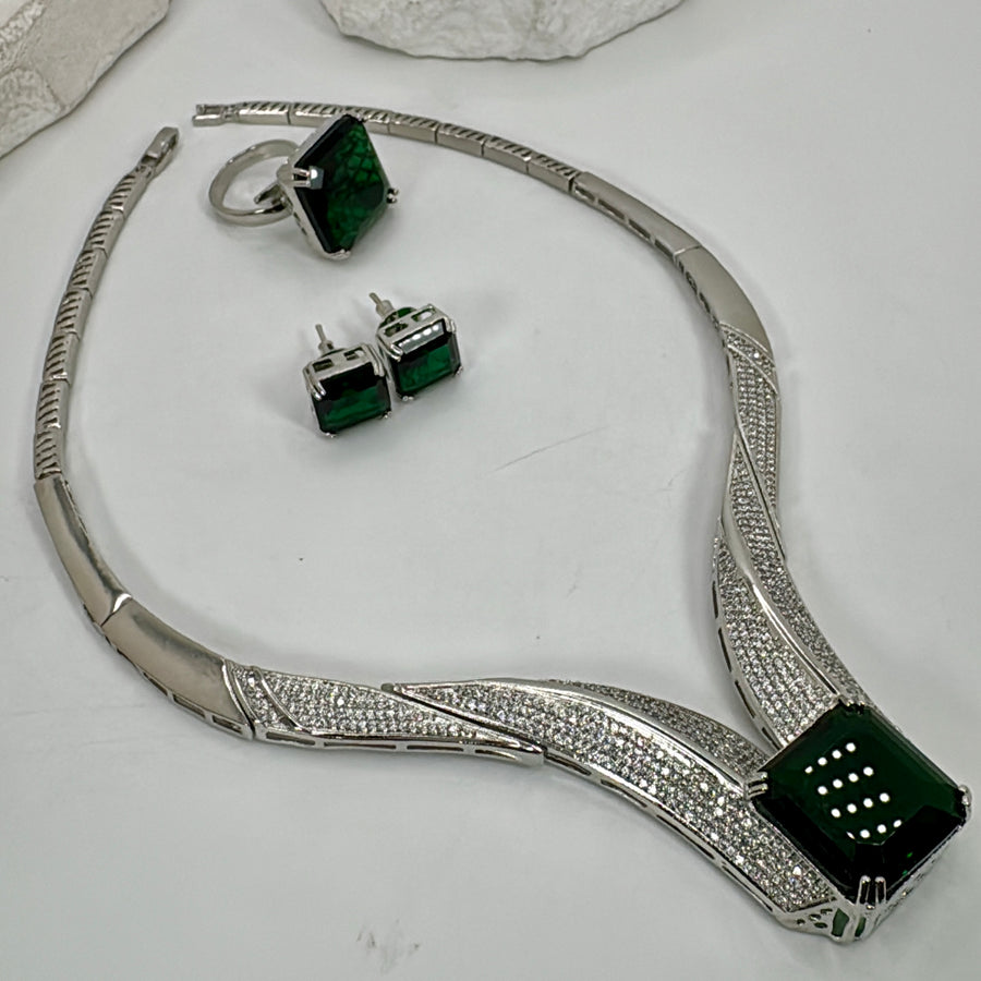 Green Cubic Zirconia American Diamonds Combo Necklace Set With Adjustable Finger Ring