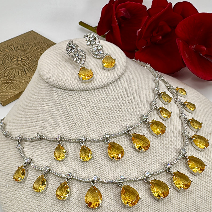 Yellow Cubic Zirconia Two Layers Necklace Set