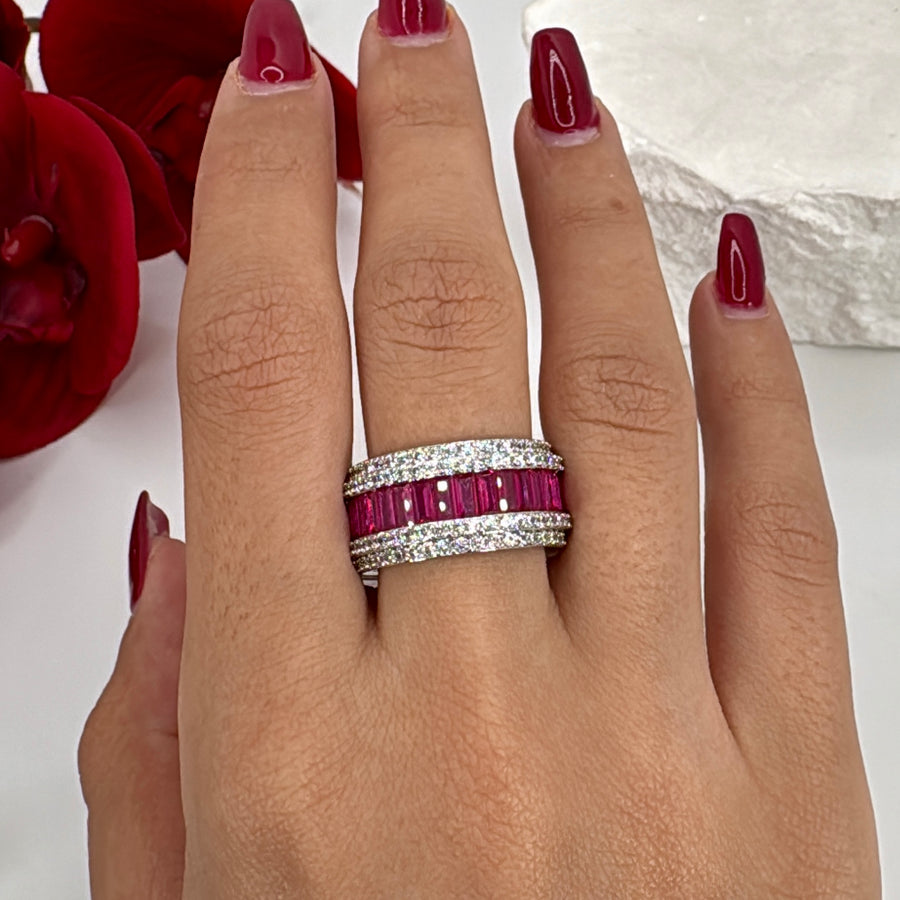 Ruby Invisible Setting Cubic Zirconia Band Finger Ring (Size 7)