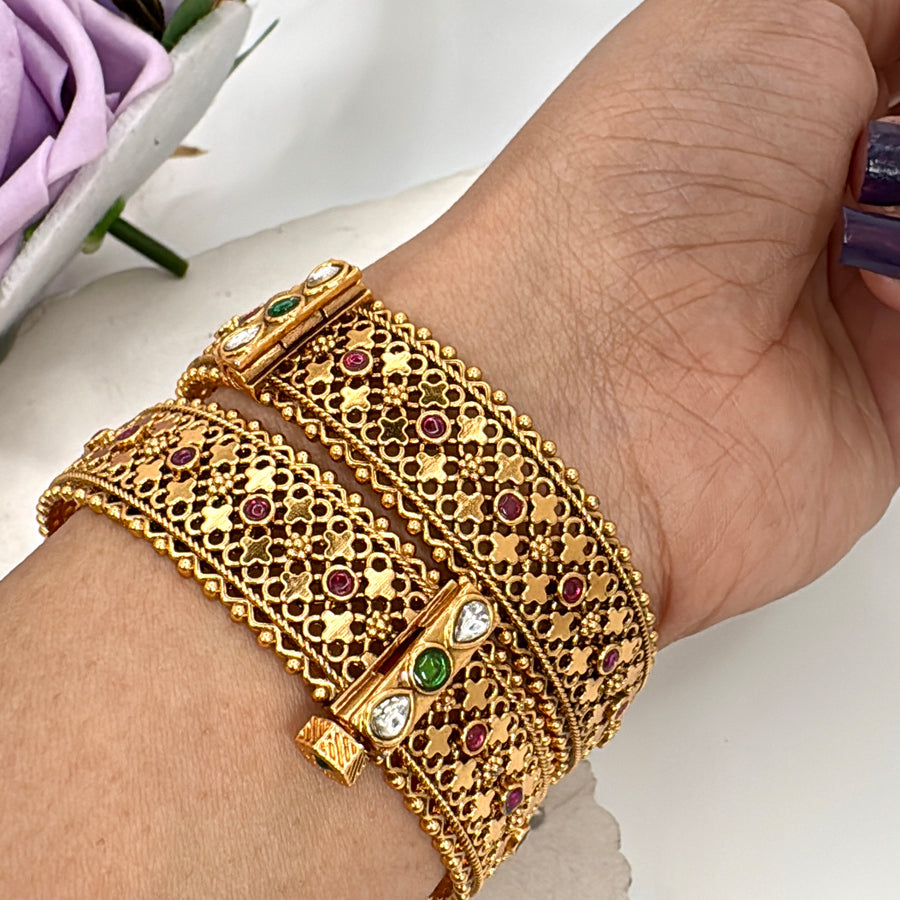 Multi Antique Gold Openable Bangle Pair (Size 2.4)