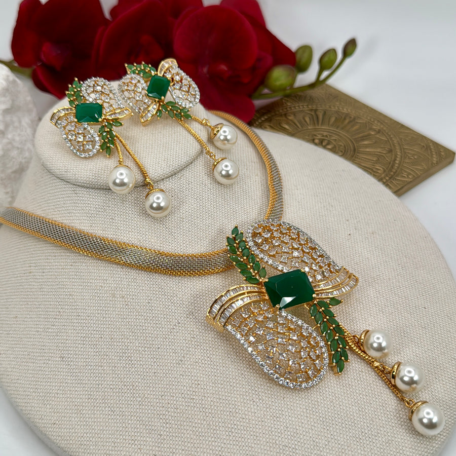 Green Pearl AAA Cut Cubic Zirconia 24 Carat Gold Plated Pendant Necklace Set