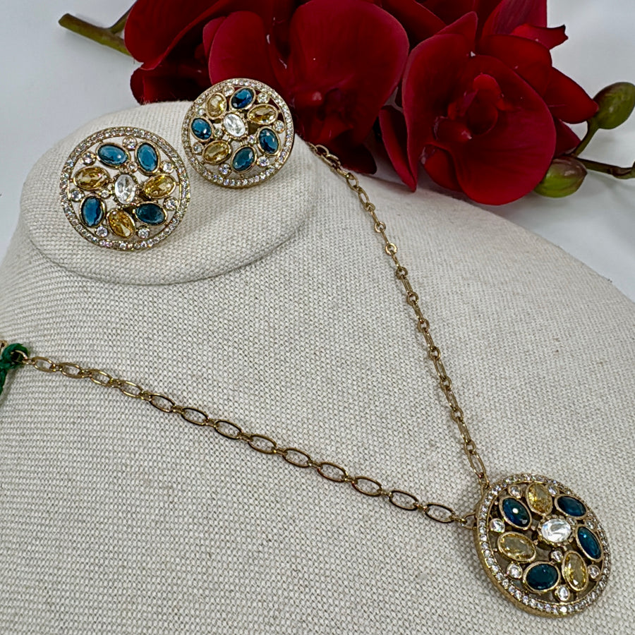Blue Yellow Cubic Zirconia Pendant Necklace Set