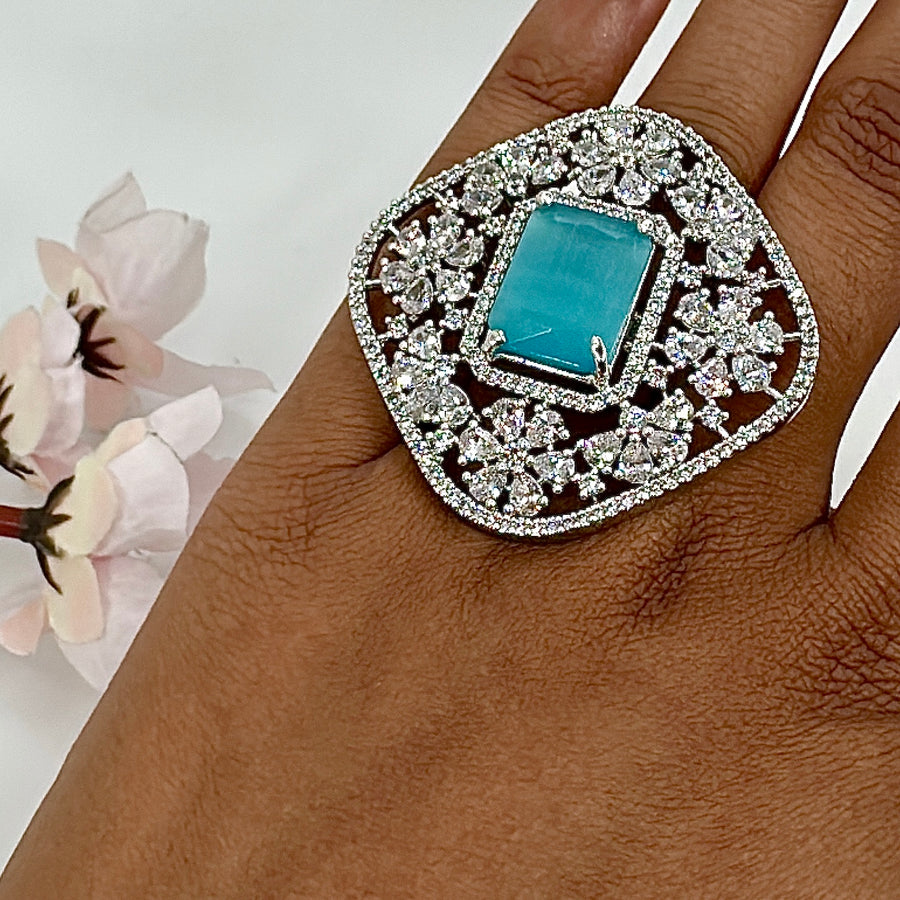 Turquoise Cubic Zirconia American Diamonds Statement Cocktail Adjustable Finger Ring