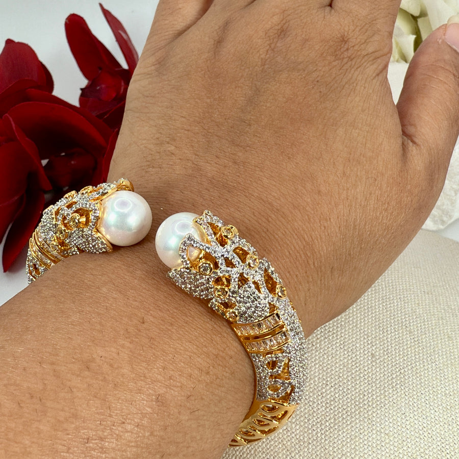 Clear Pearl Italian Gold Cubic Zirconia Openable Bangle(One Size Fits All)