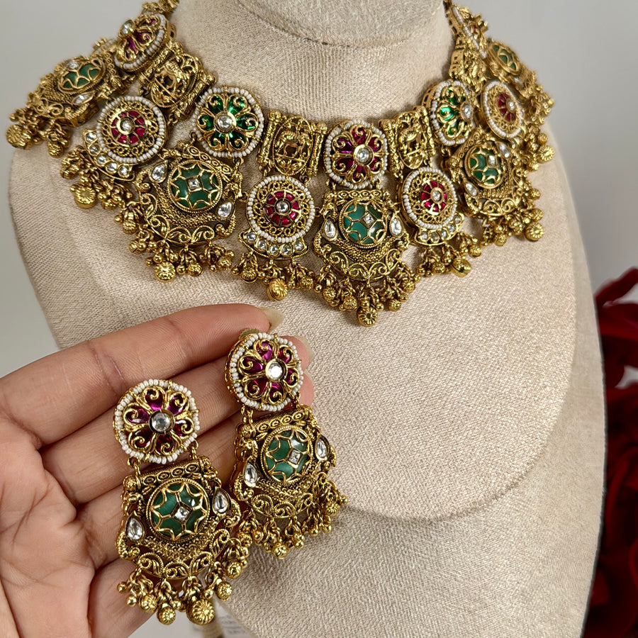 Mint & Ruby Antique Gold Statement Necklace Set