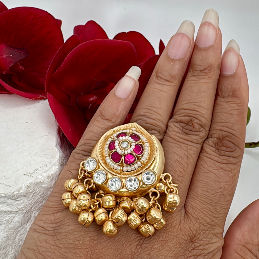 Ruby Silver Lookalike Adjustable Ghungroo Finger Ring