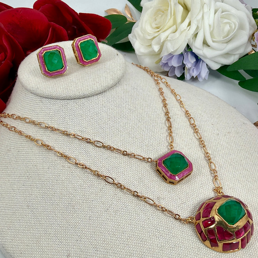 Ruby Green Jadau Two Layer Pendant Necklace Set