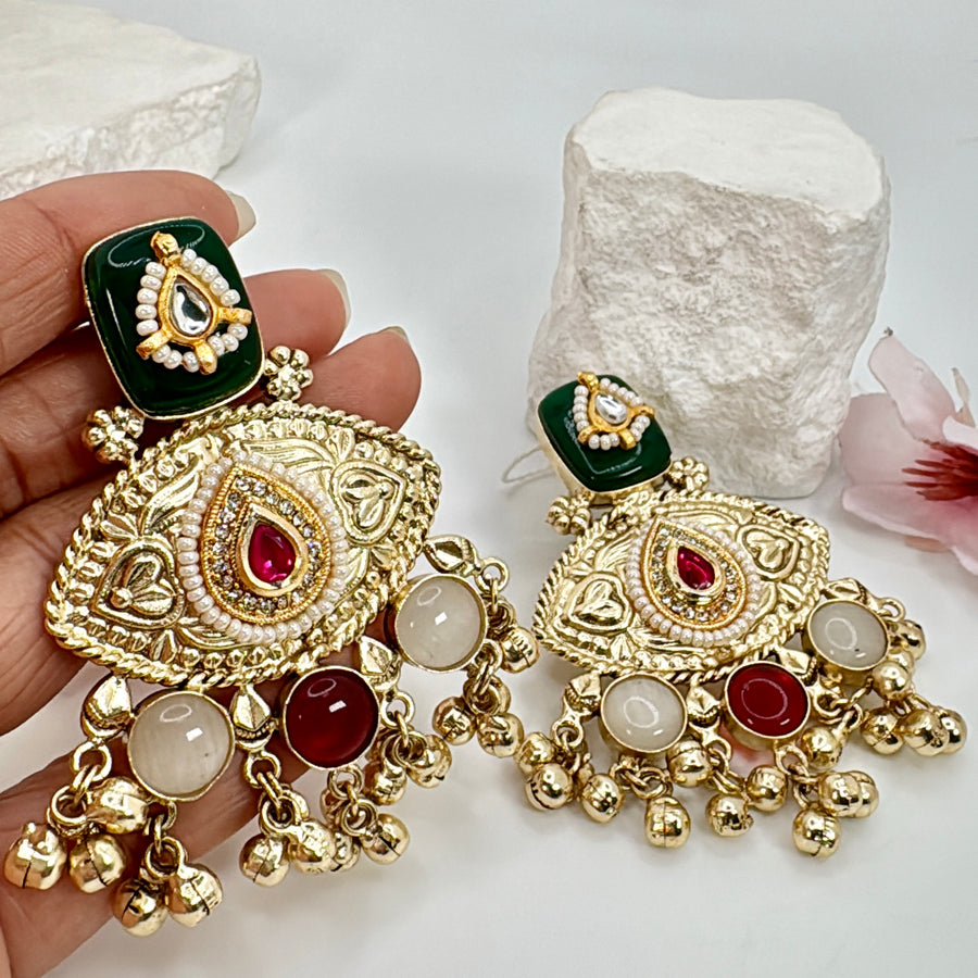 Green & Ruby Lightweight Silver Lookalike Gold Earrings