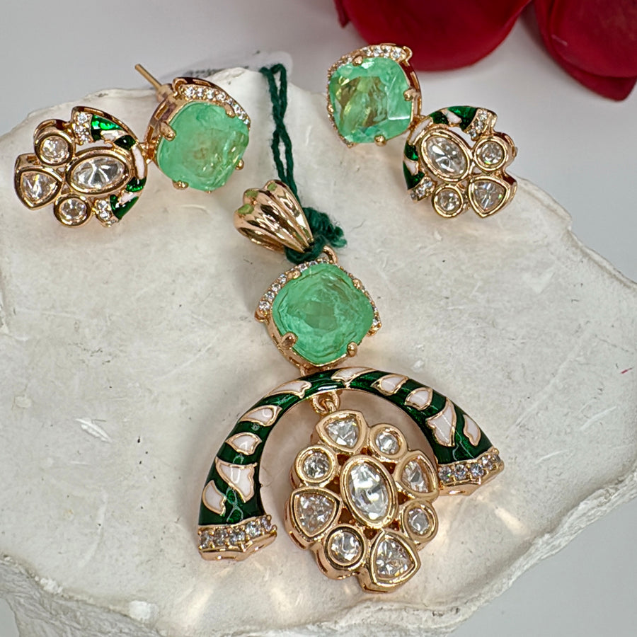 Mint Doublet With Green Meenakari Polki Pendant Set