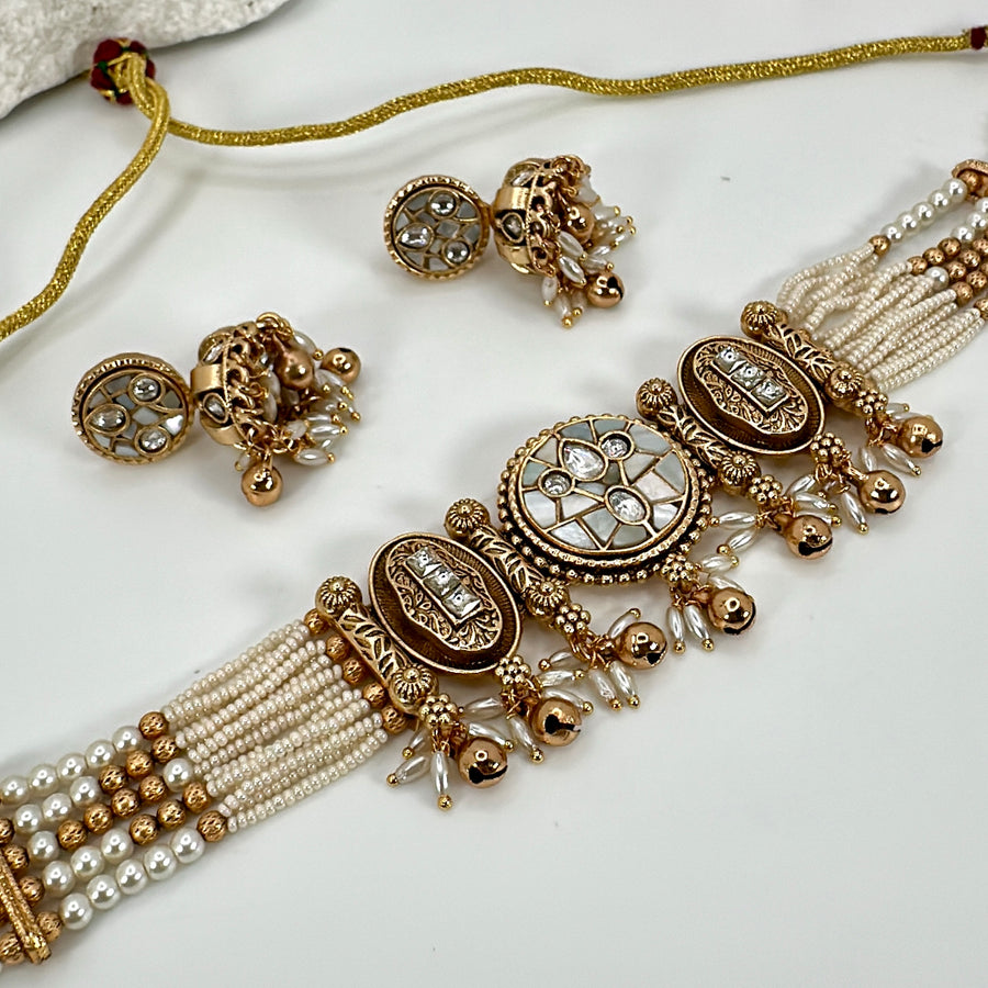 Clear MOP Pearls Choker Necklace Set
