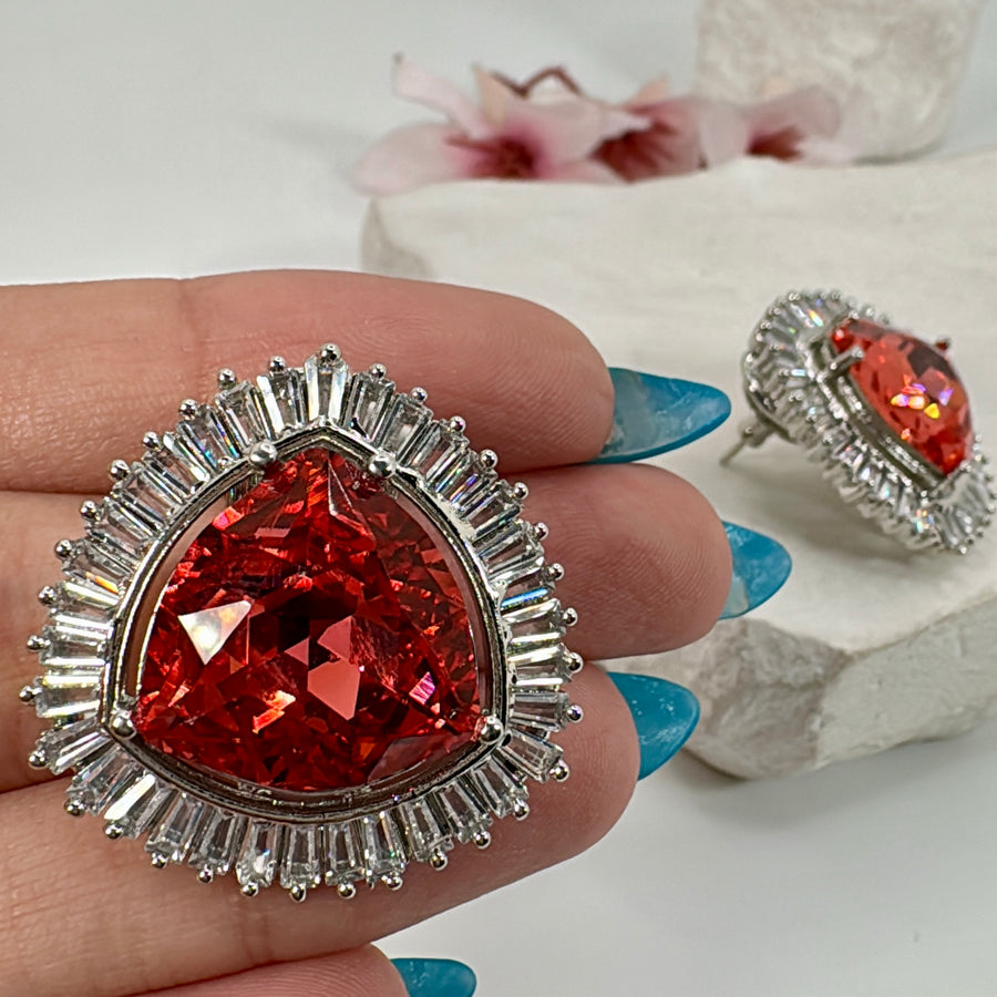 Burnt Orange Swarovski Crystals & Baguette American Diamonds Cubic Zirconia Stud Earrings