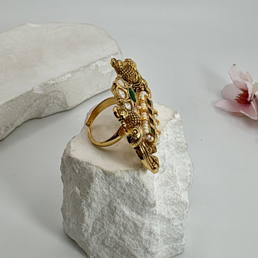 Green Jadau Silver Lookalike Gold Adjustable Finger Ring