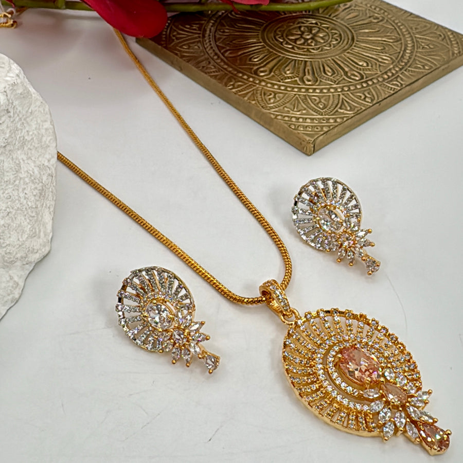 Champagne AAA Cut Cubic Zirconia 24 Carat Gold Plated Pendant Necklace Set