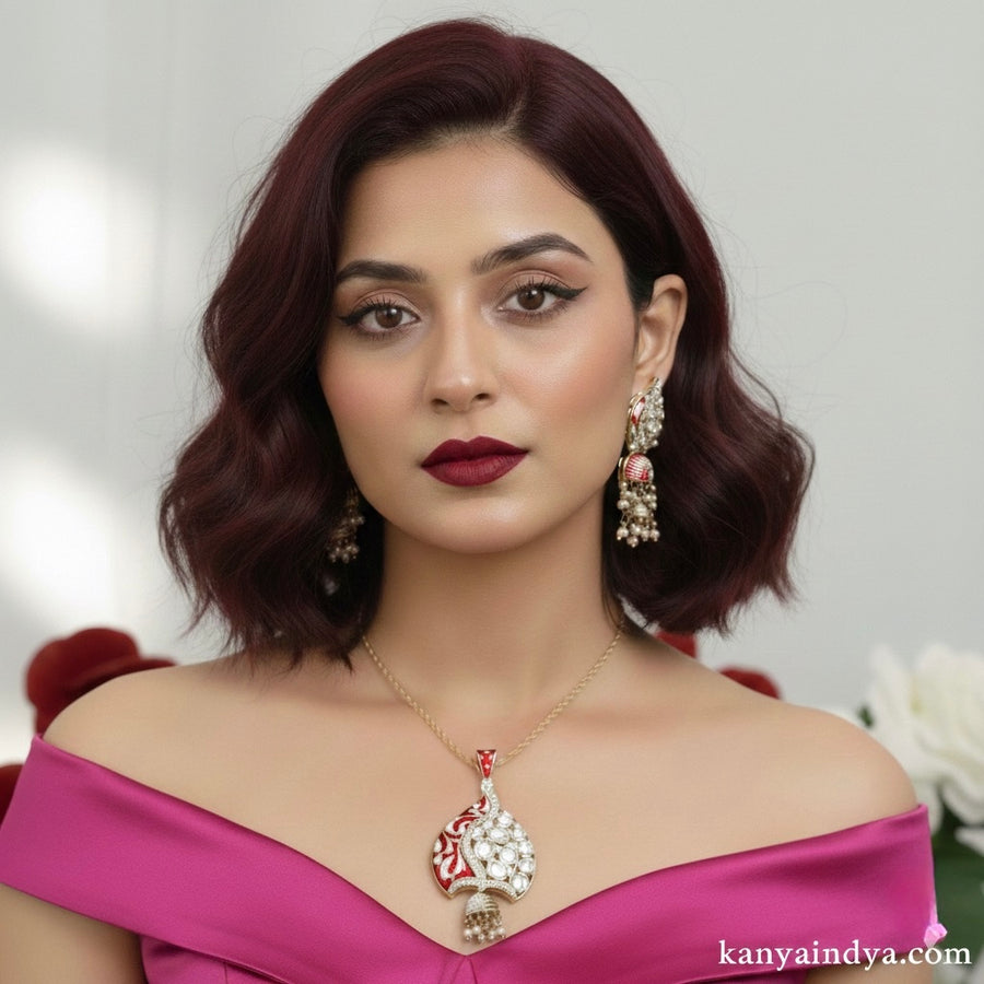 Red Meenakari Jadau Polki pendant Necklace Set