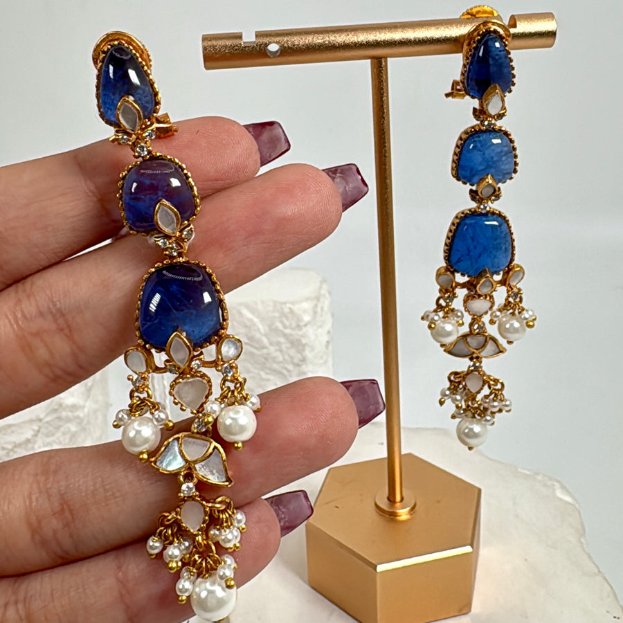 Blue Doublet & Moissanite Lightweight Earrings (Length Approx. 3 Inches)