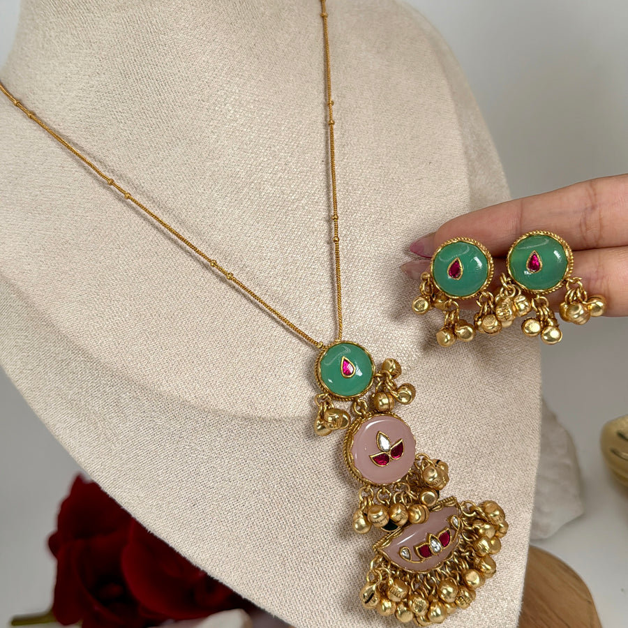 Mint Pink Silver Lookalike Gold Pendant Necklace Set