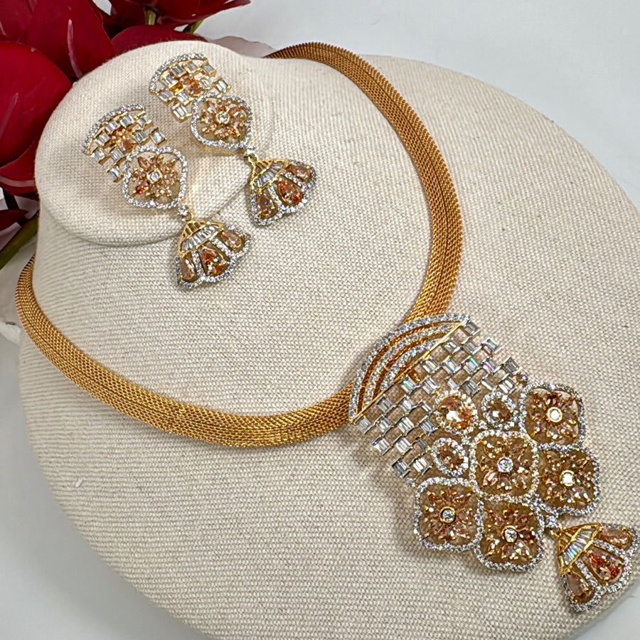 Champagne AAA Cut Cubic Zirconia 24 Gold Plated Tanishq Inspired Pendant Necklace Set