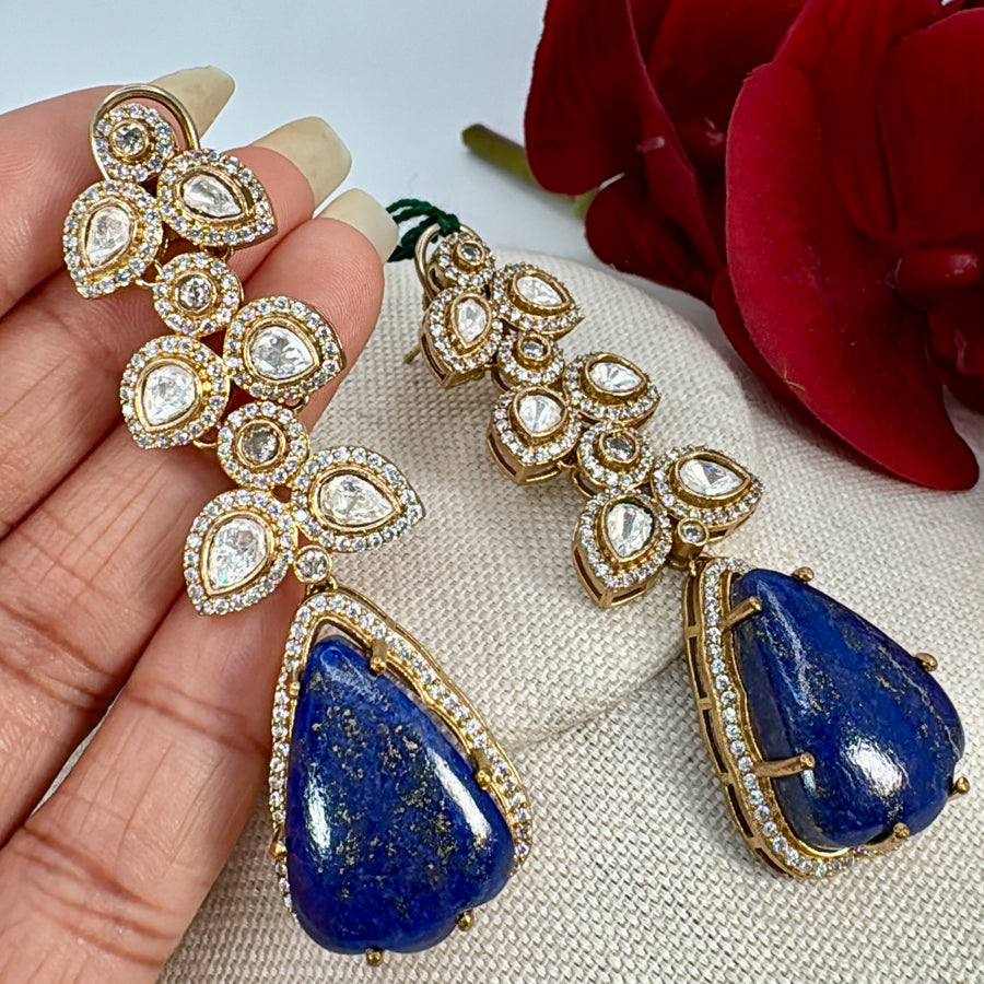 Blue Marble Stone & Moissanite Earrings