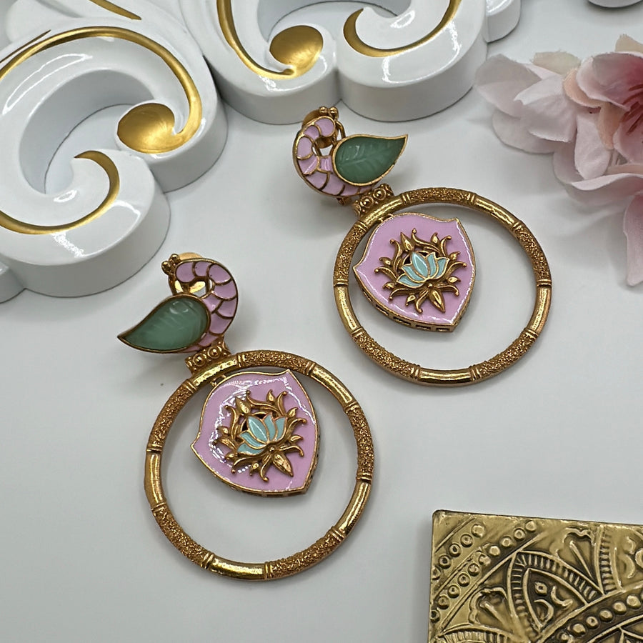 Pink & Mint Silver Lookalike Antique Gold Chand Bali Earrings