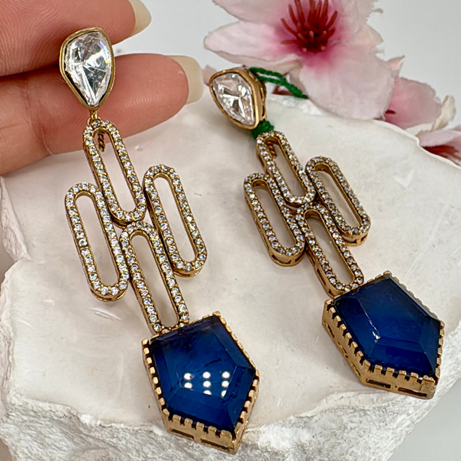 Blue Doublet Moissanite & American Diamonds Dainty Earrings