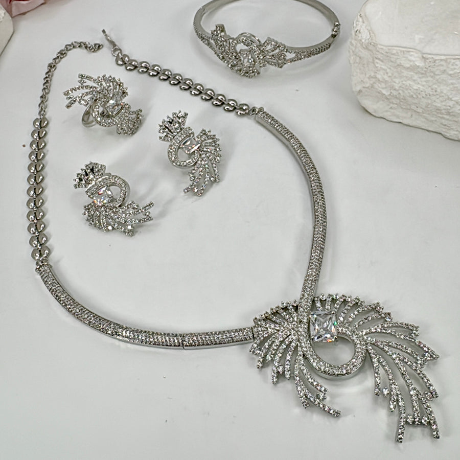 Clear American Diamonds Cubic Zirconia Combo Necklace Set With Adjustable Finger Ring & Openable Bracelet