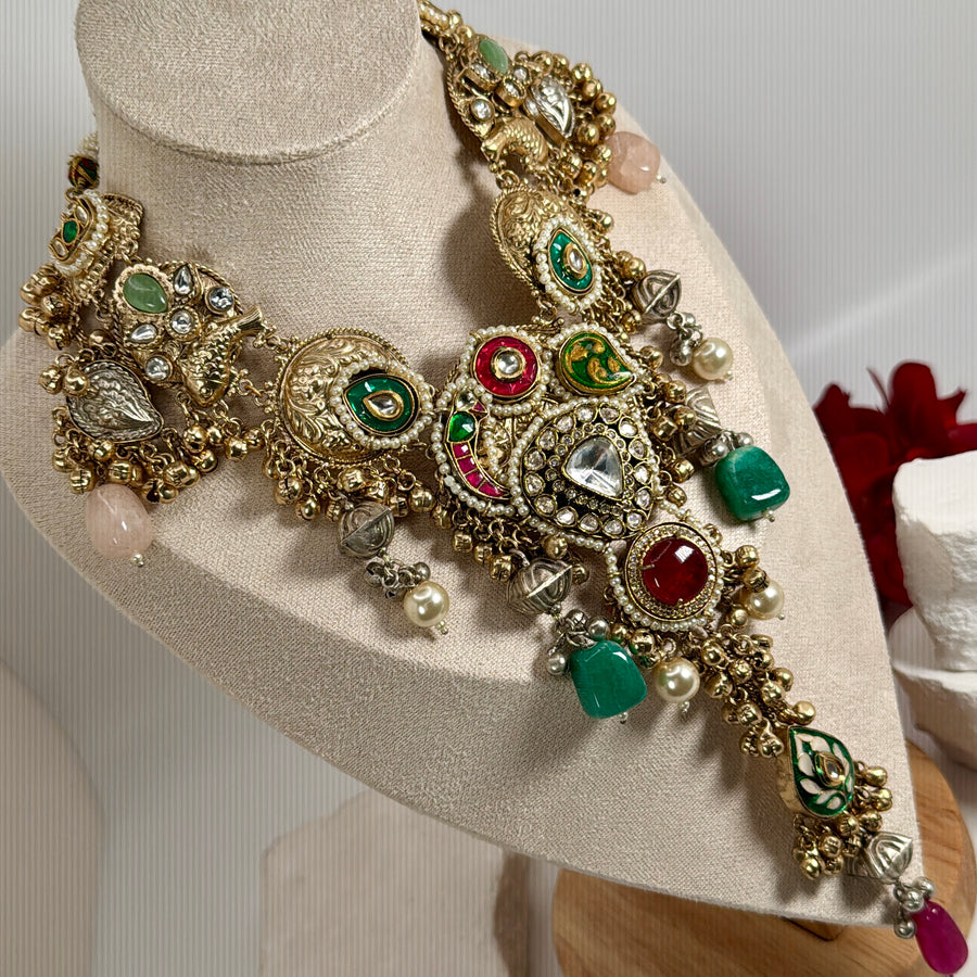 Multi Dual Tone Paachi Silver Lookalike Statement Necklace