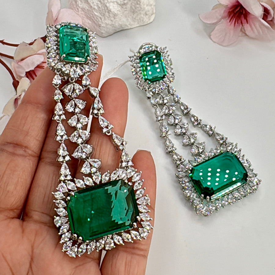 Teal American Diamonds CZ Statement Cocktail Earrings