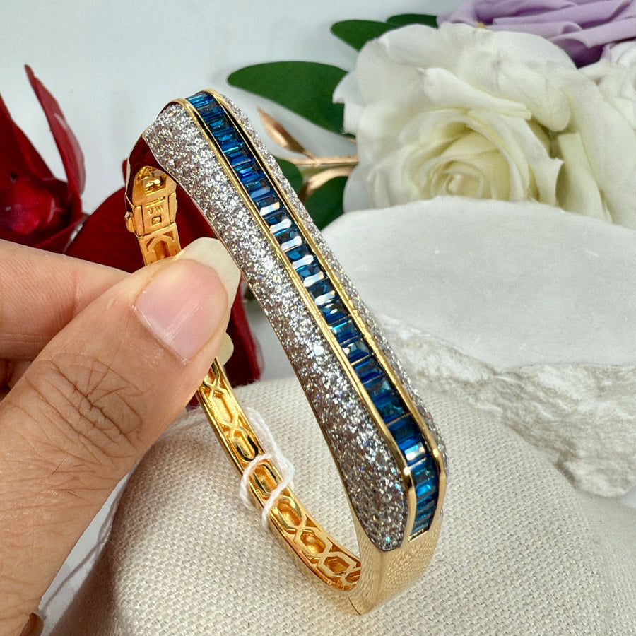 Clear Blue Italian Gold Cubic Zirconia Openable Bangle(Fits Size 2.2 to 2.6)