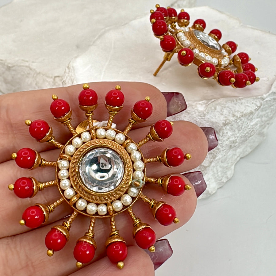Coral Red Kundan Stud Earrings