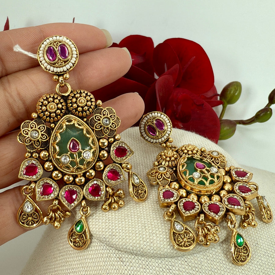 Mint Ruby Antique Gold Earrings