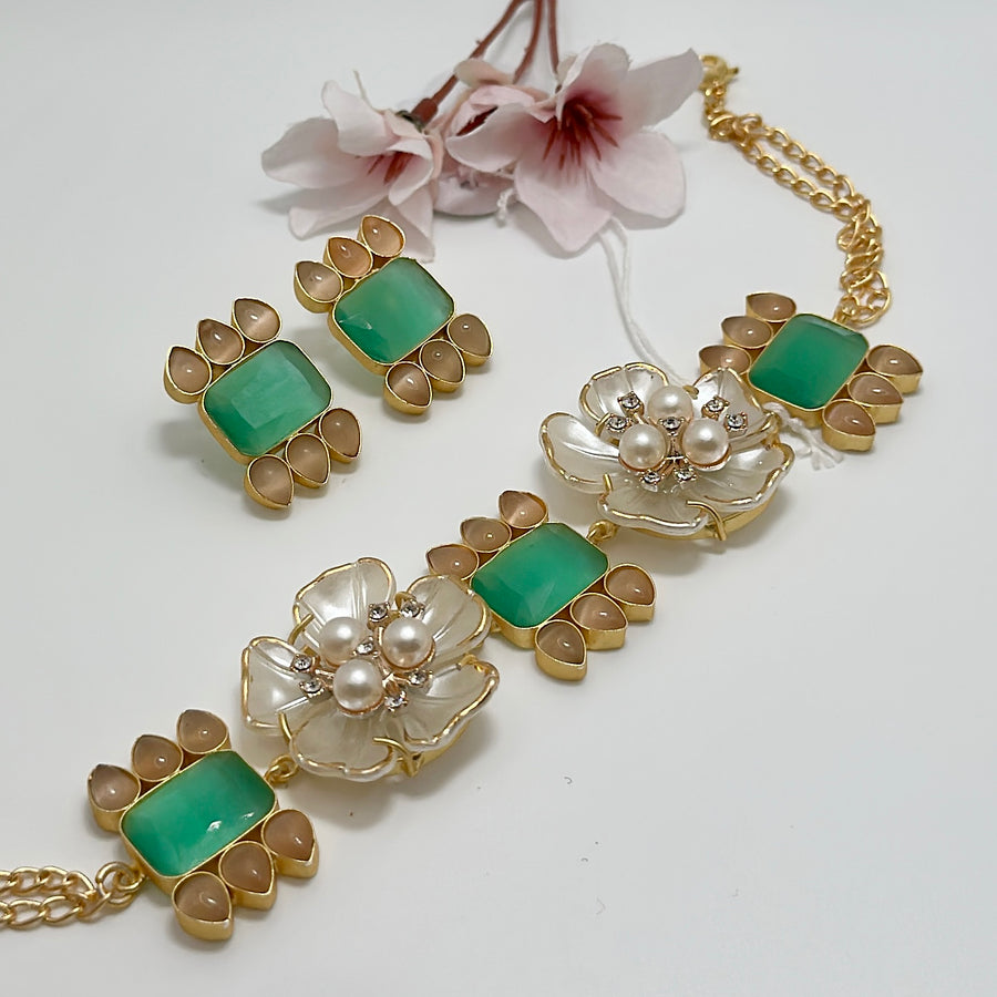 Green & Pink MOP Flower Contemporary Choker Necklace