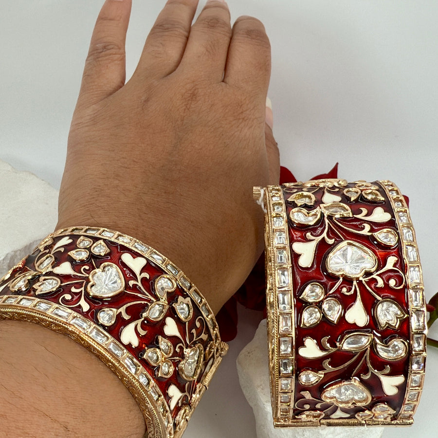 Red Meenakari Moissanite Jadau Statement Openable Bangle Pair(Size 2.6)