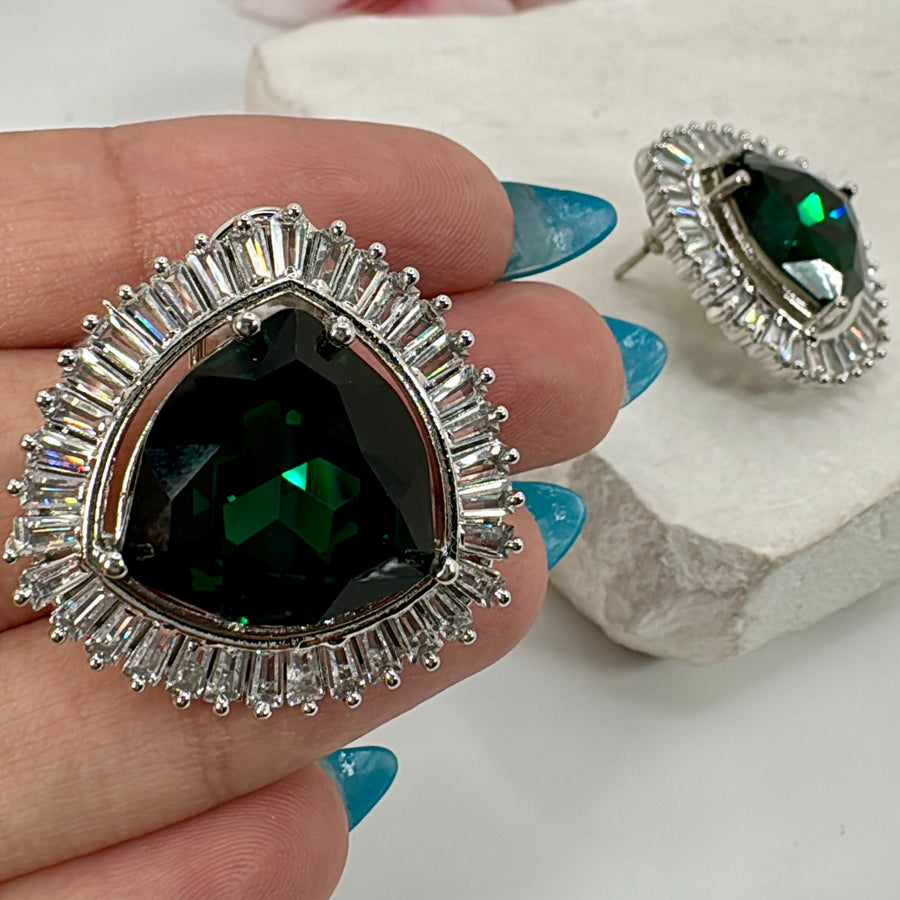 Green Swarovski Crystals & Baguette American Diamonds Cubic Zirconia Stud Earrings