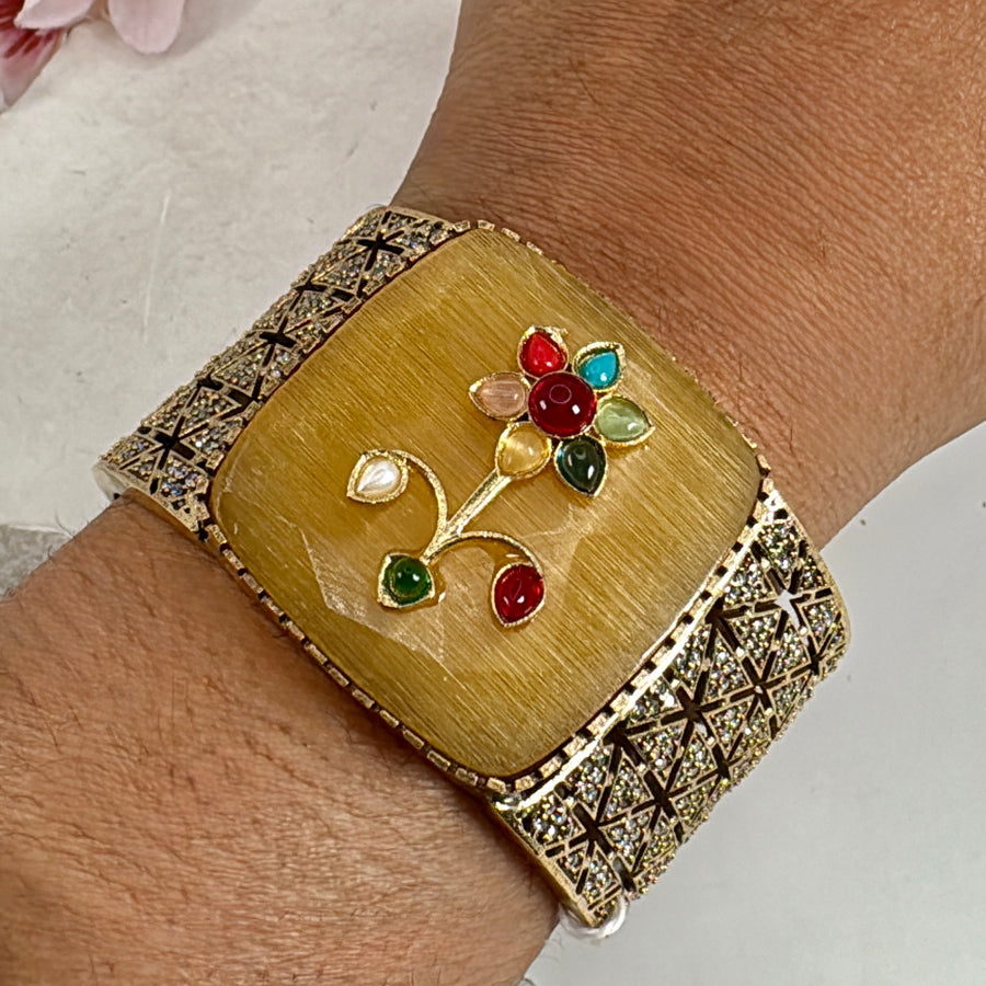 Yellow Glass Stone With Inlay Work American Diamonds Cuff Bangle(One Size Fits All)