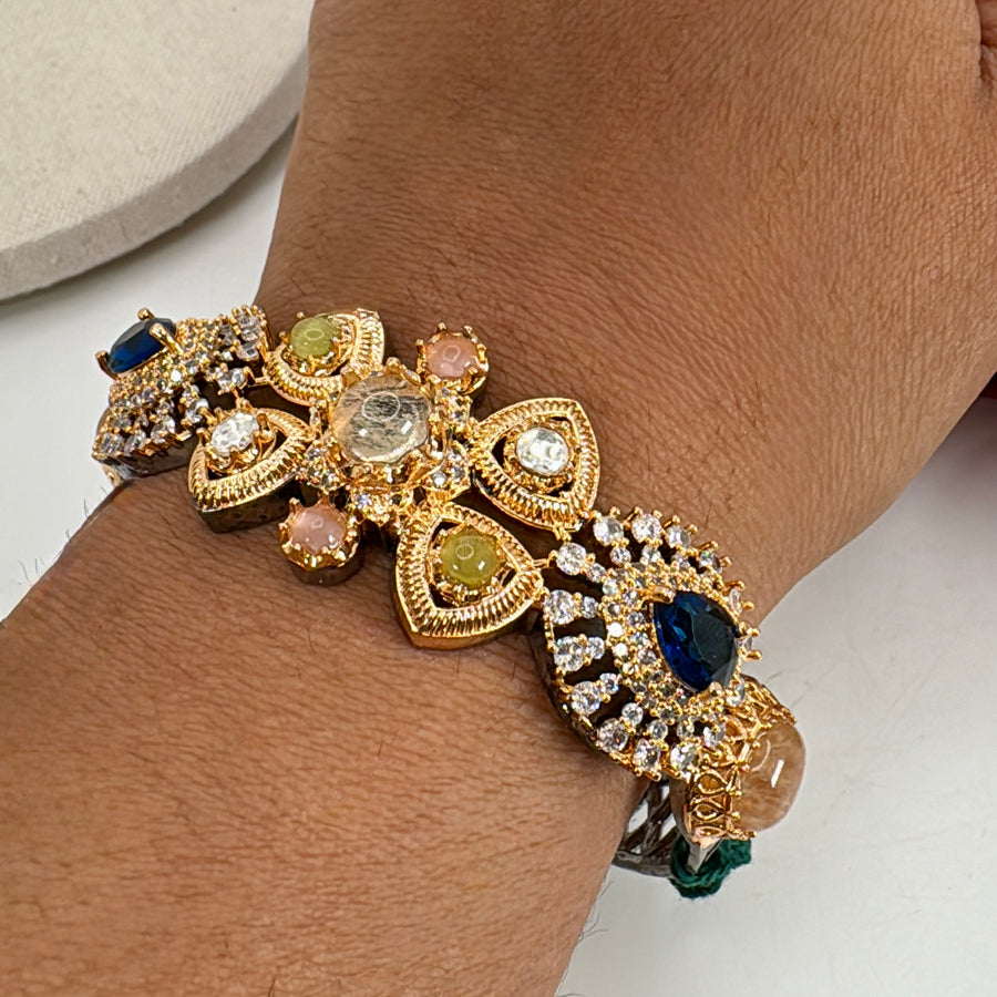 Multi Stone Cuff Bangle In Dual Gold & Victorian Polish