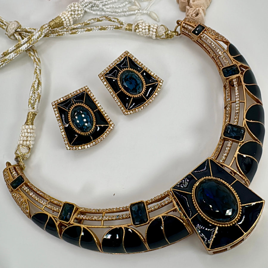 Blue Enamel Meenakari Silver Lookalike Gold Hasli Necklace Set