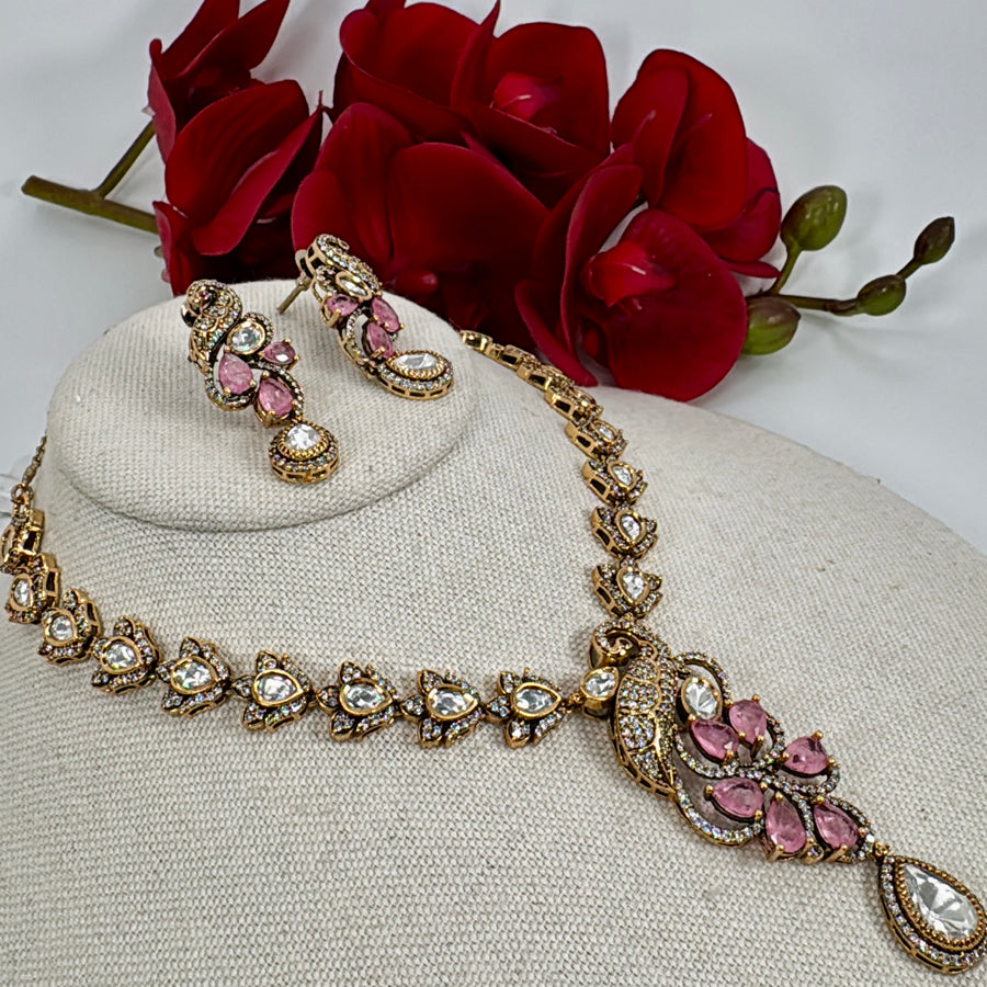 Pink Doublet Dainty Peacock Moissanite Necklace Set