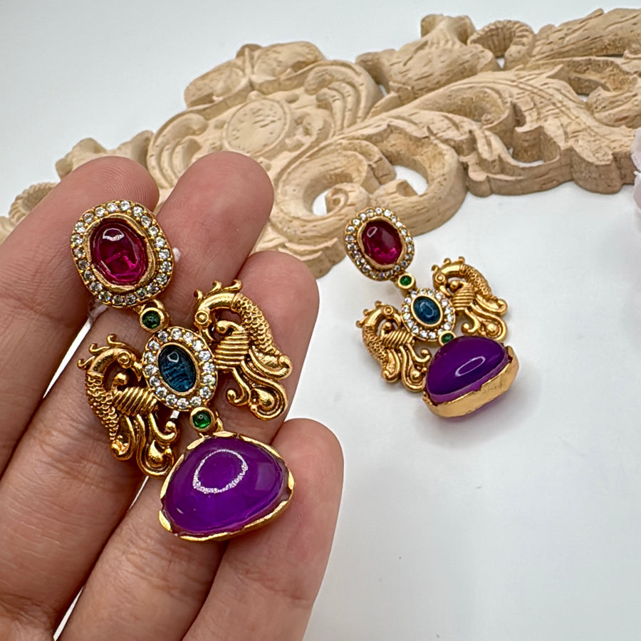 Purple & Ruby Antique Gold Doublet Earrings