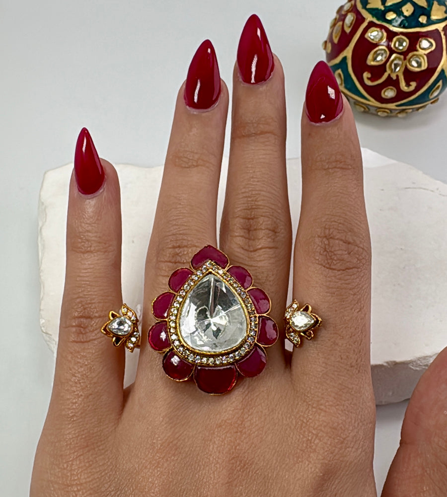 Ruby Moissanite Two Finger Adjustable Finger Ring