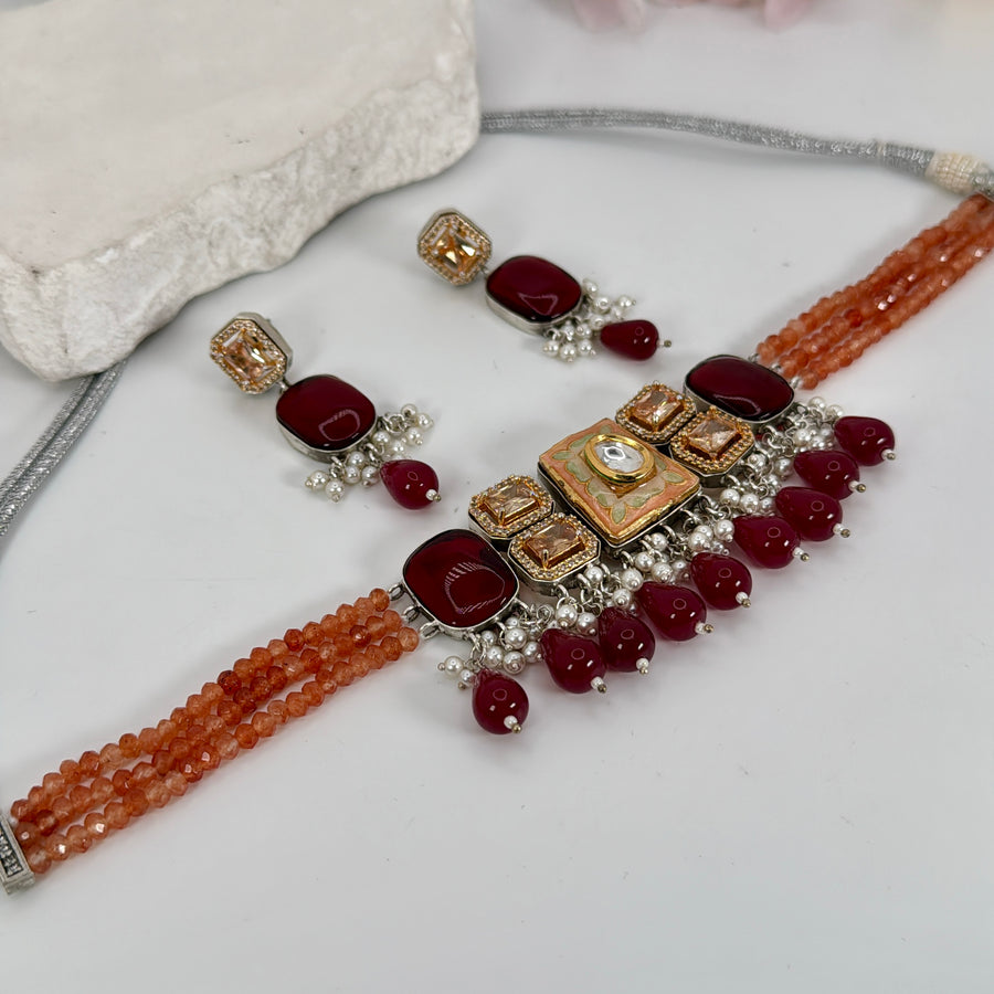 Orange Ruby Meenakari Kundan & Stones Contemporary Choker Necklace Set
