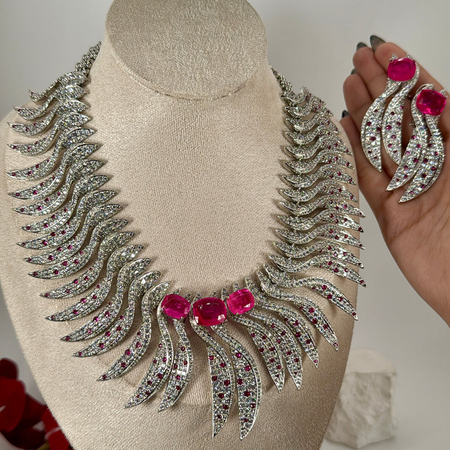 Hot Pink Doublet & AAA Cut Cubic Zirconia & Rhodium Polish Statement Necklace Set