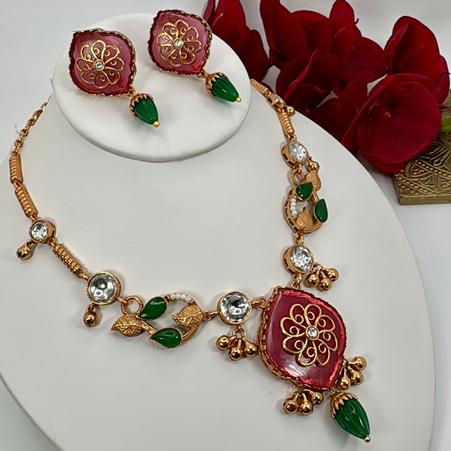 Ruby Multi Glass Stone With Inlay Work Apala Inspired Necklace Set