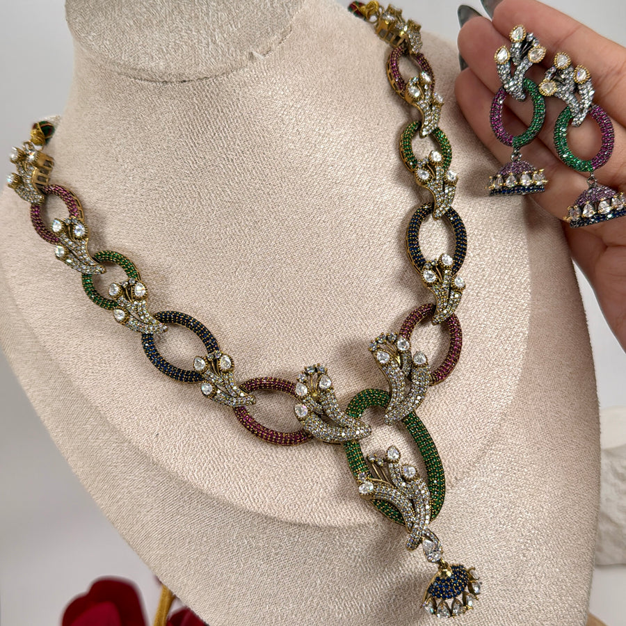 Green Multi Nano Setting Cubic Zirconia Necklace Set