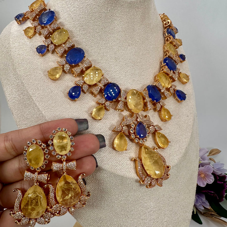 Blue & Yellow Doublet Moissanite Necklace Set