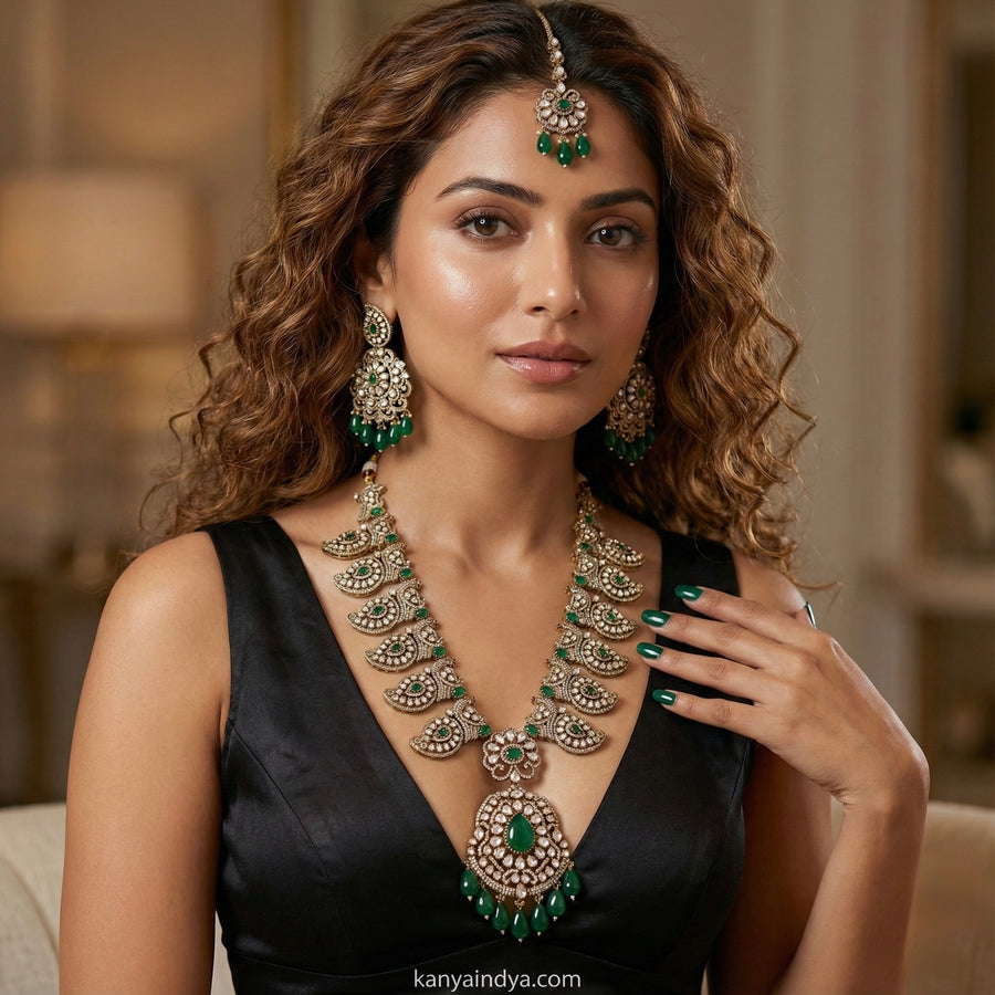 Green Moissanite Bridal Mango Design Statement Necklace Set